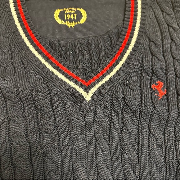 Ferrari Navy Blue Cable Knit V-Neck Pullover Sweater SZ XXL Luxury Preppy EUC - Picture 3 of 8